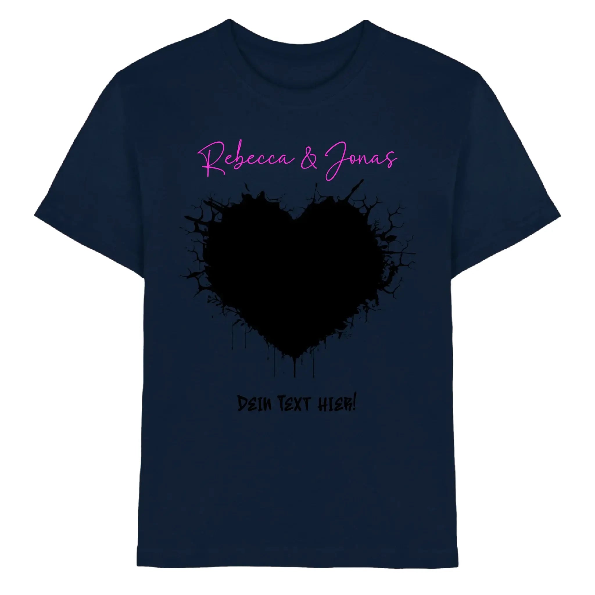 Marine blaue baumwoll t shirt mit schwarzem tintenfleck herz und pinkem kursivtext aus der statement collection
