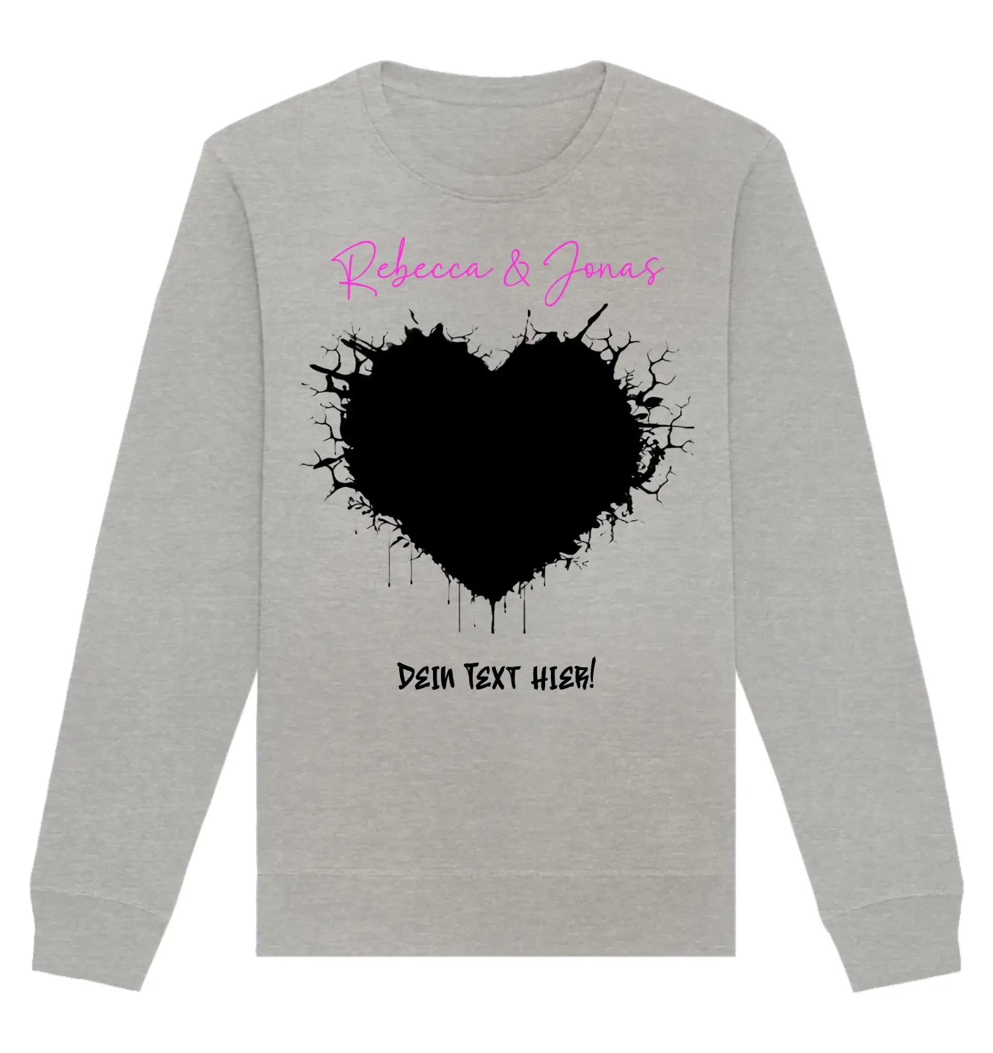 Ein heather grauer langarm sweatshirt mit schwarzem sprenkelherz und pinkem sowie schwarzem schriftzug aus der wildes herz statement-collection