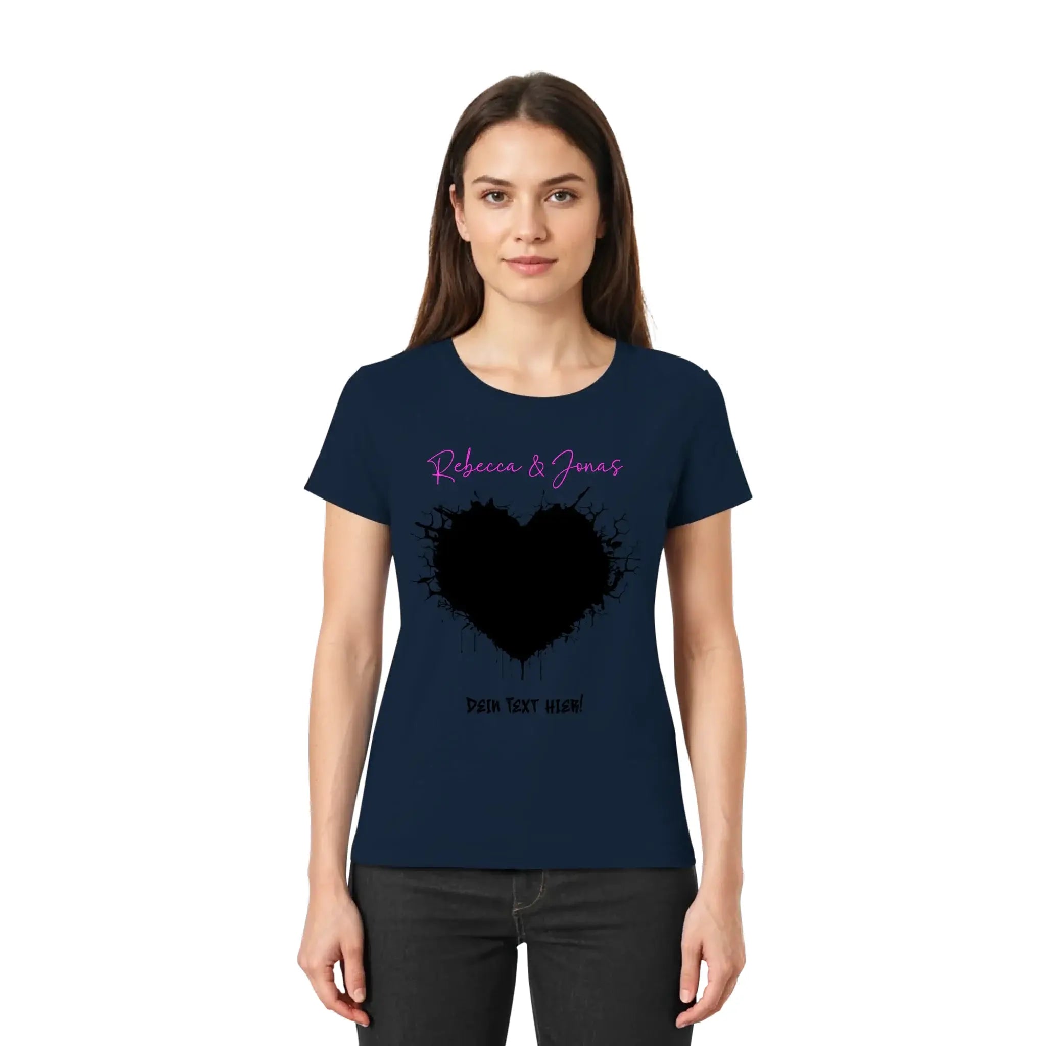 Navyblaue damen t shirt mit schwarzem herz und rosa kursive text wildes herz statement collection