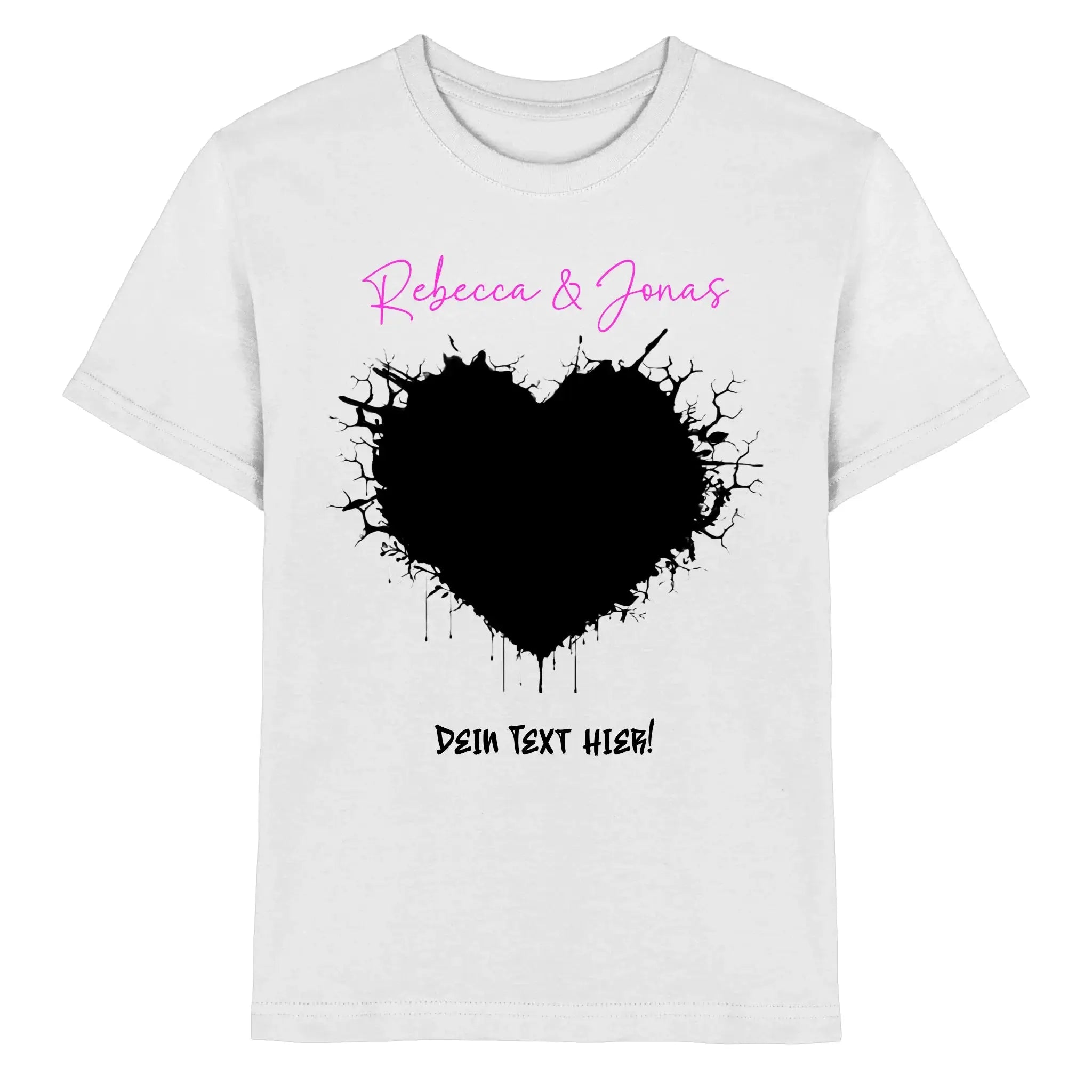Weiße baumwoll t shirt mit schwarzem herz im splatter crackle look und pinkem wunschtext rebecca & jonas