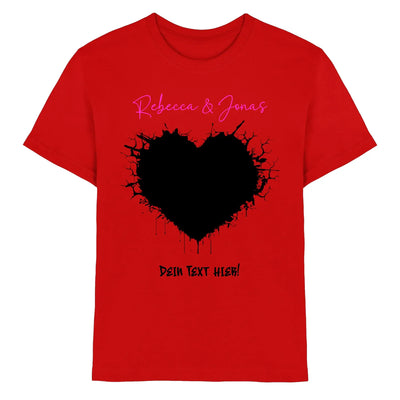Rotes cotton t shirt mit schwarzem gespritztem herz und pinkem kursivtext aus der statement collection wildes herz