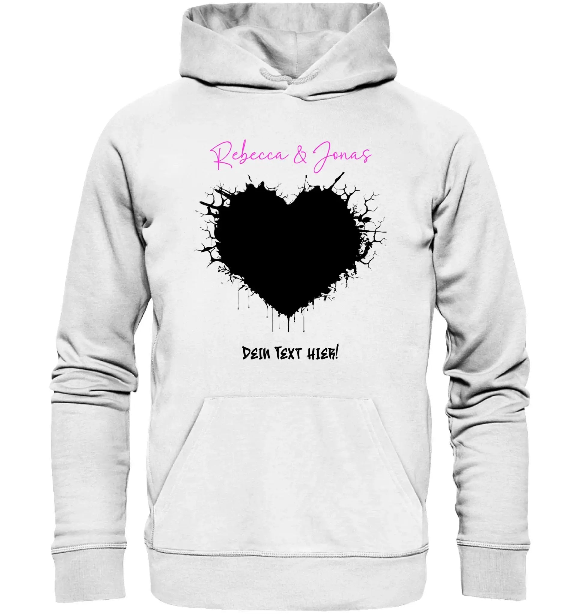 Weißer hoodie mit schwarzem gespritztem herz und pinkem kursive text aus der statement collection wildes herz