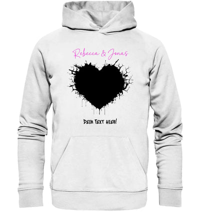 Weißer hoodie mit schwarzem gespritztem herz und pinkem kursive text aus der statement collection wildes herz