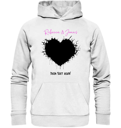 Weißer hoodie mit schwarzem gespritztem herz und pinkem kursive text aus der statement collection wildes herz