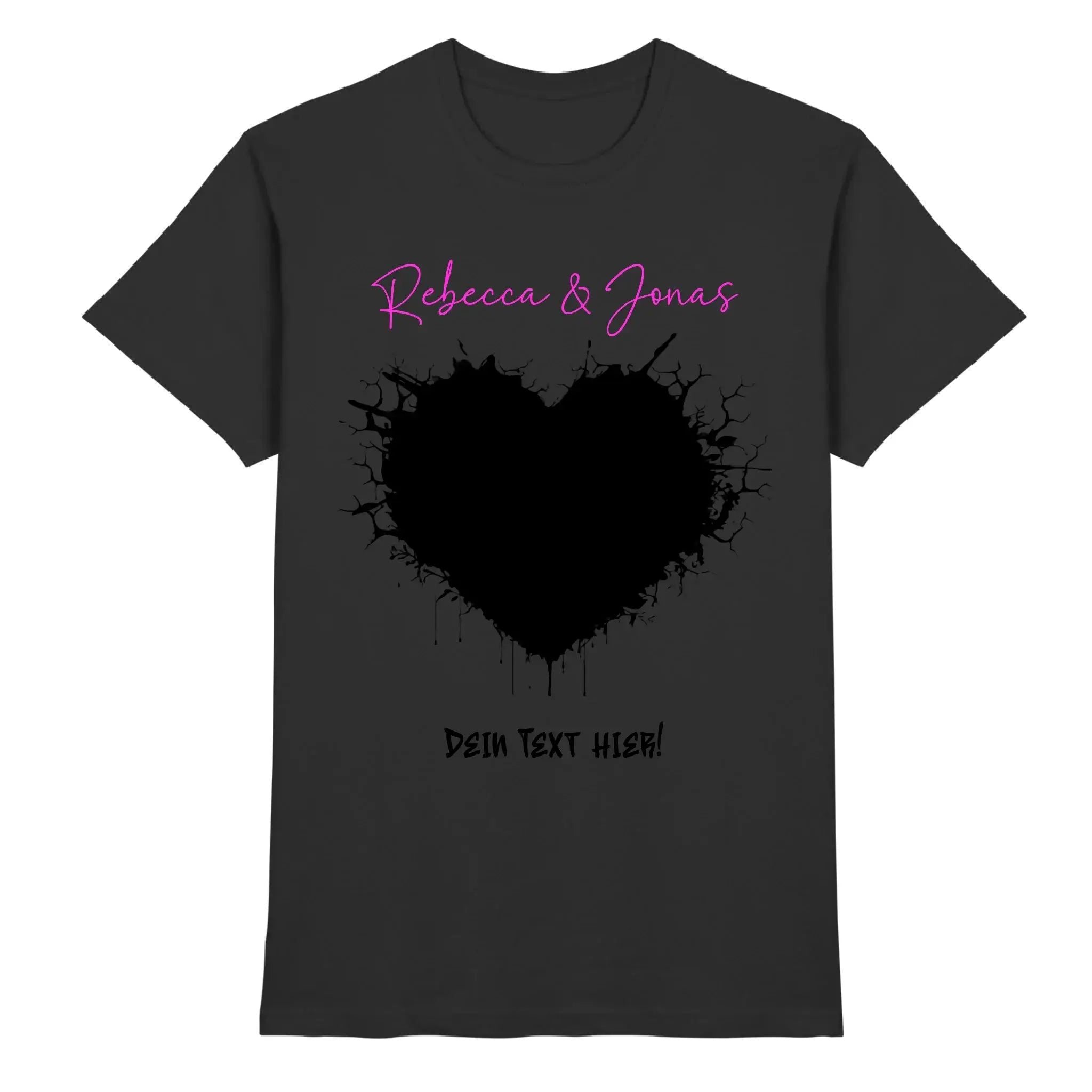 Schwarzes baumwoll t shirt mit auffälligem schwarzen herz und pinkem rebecca & jonas schriftzug wildes herz statement collection