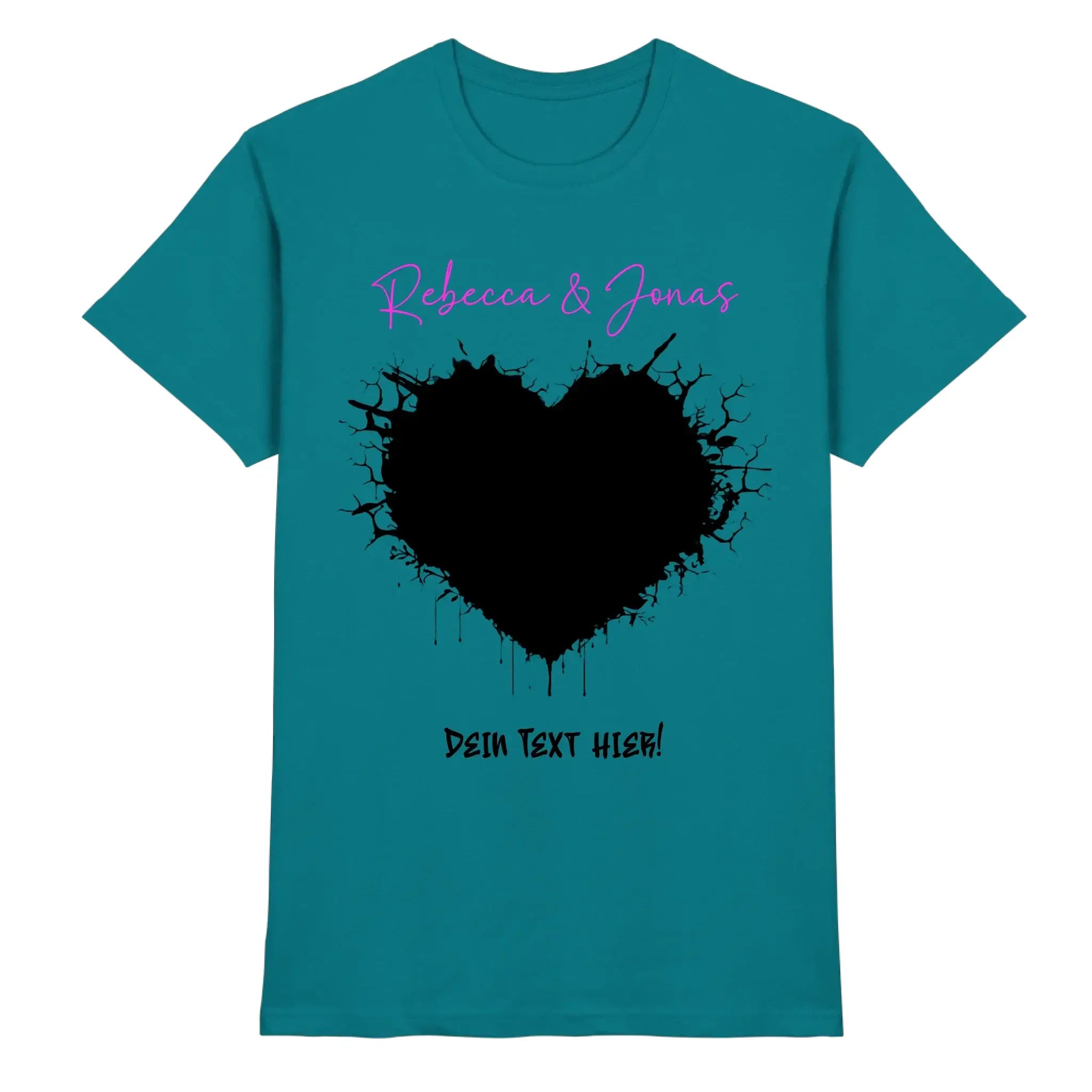 Petrolfarben baumwoll tshirt mit schwarzem tinten spritzer herz und pinker rebecca & jonas schrift aus der statement collection