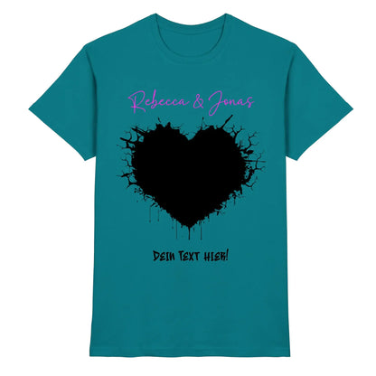 Petrolfarben baumwoll tshirt mit schwarzem tinten spritzer herz und pinker rebecca & jonas schrift aus der statement collection