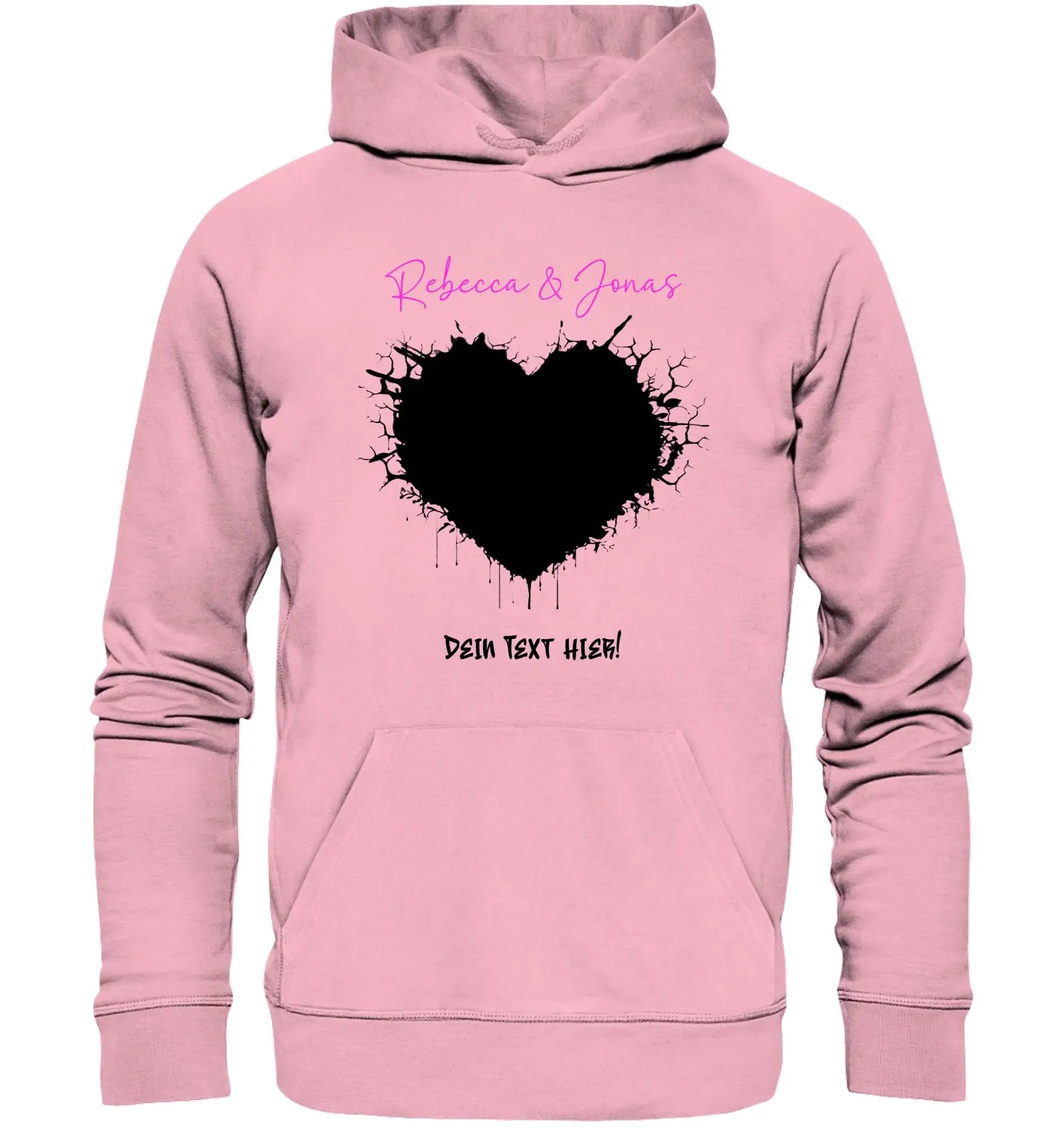 Pink kinder hoodie mit schwarzem splatter herz und pinkem schriftzug aus der wildes herz statement kollektion