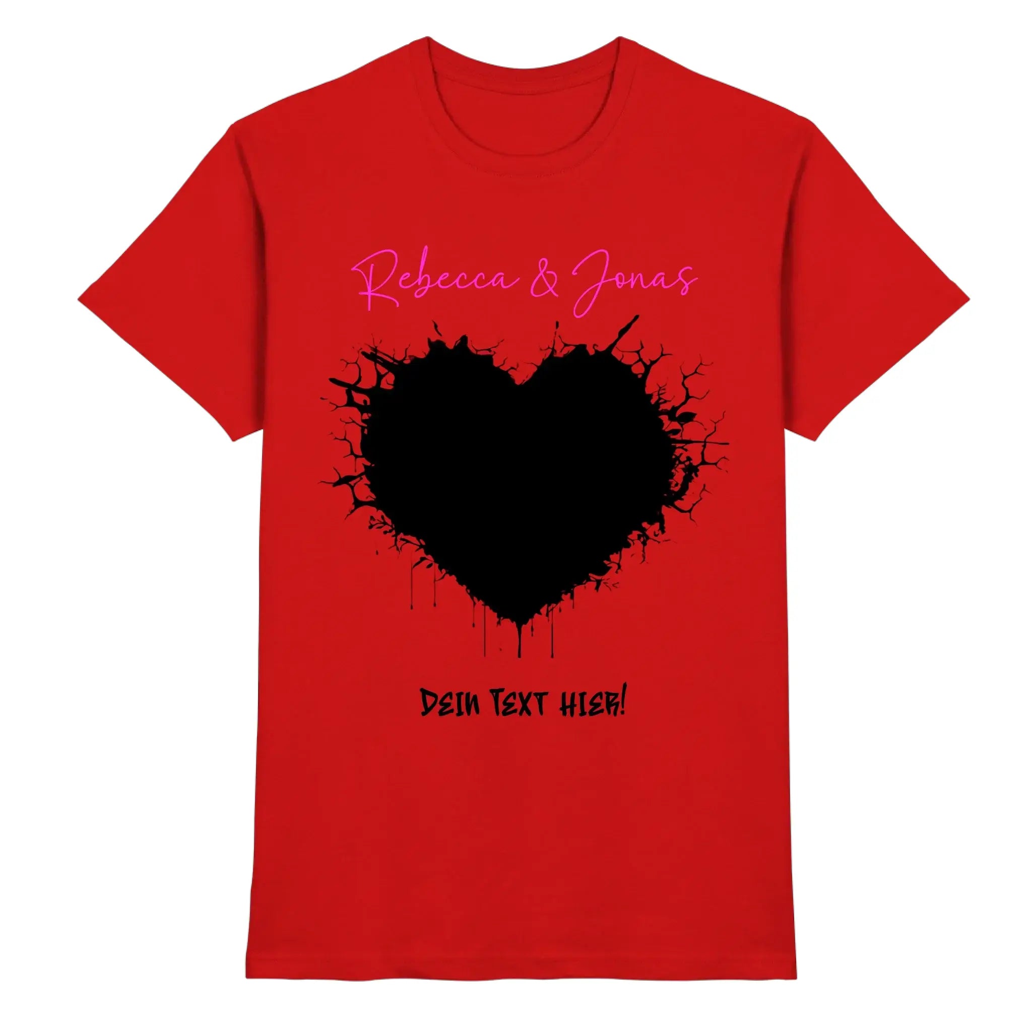 Rotes cotton t-shirt mit schwarzem herz und pinkem schriftzug rebecca & jonas aus der wildes herz statement-collection