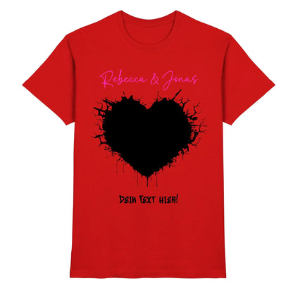 Rotes cotton t-shirt mit schwarzem herz und pinkem schriftzug rebecca & jonas aus der wildes herz statement-collection