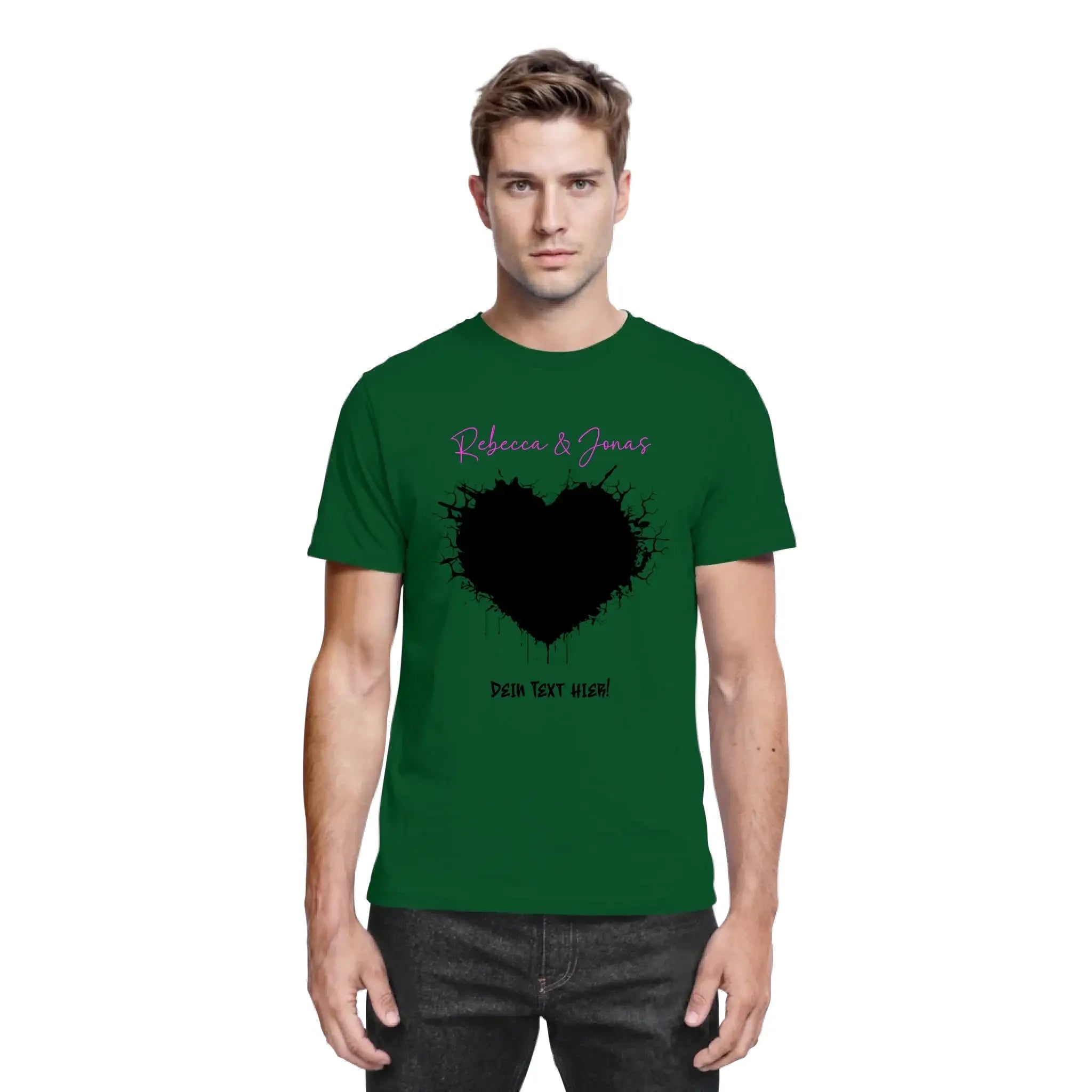 Dunkelgrünes baumwollshirt mit schwarzem herz mit spritzereffekt und personalisiertem text wildes herz statement-collection