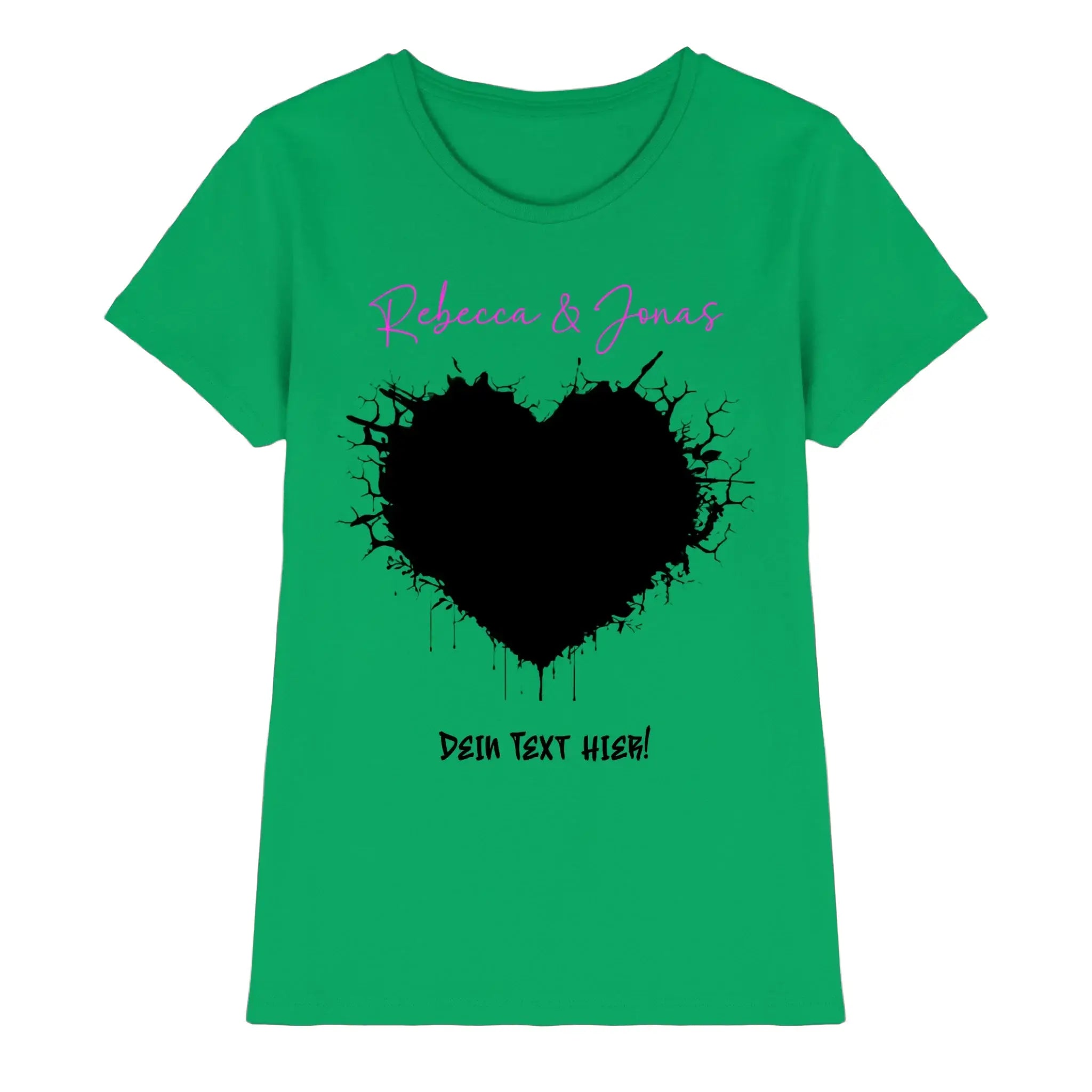 Eine lebendig grüne damen t shirt wildes herz mit großem schwarzem herz und individuellem wunschtext