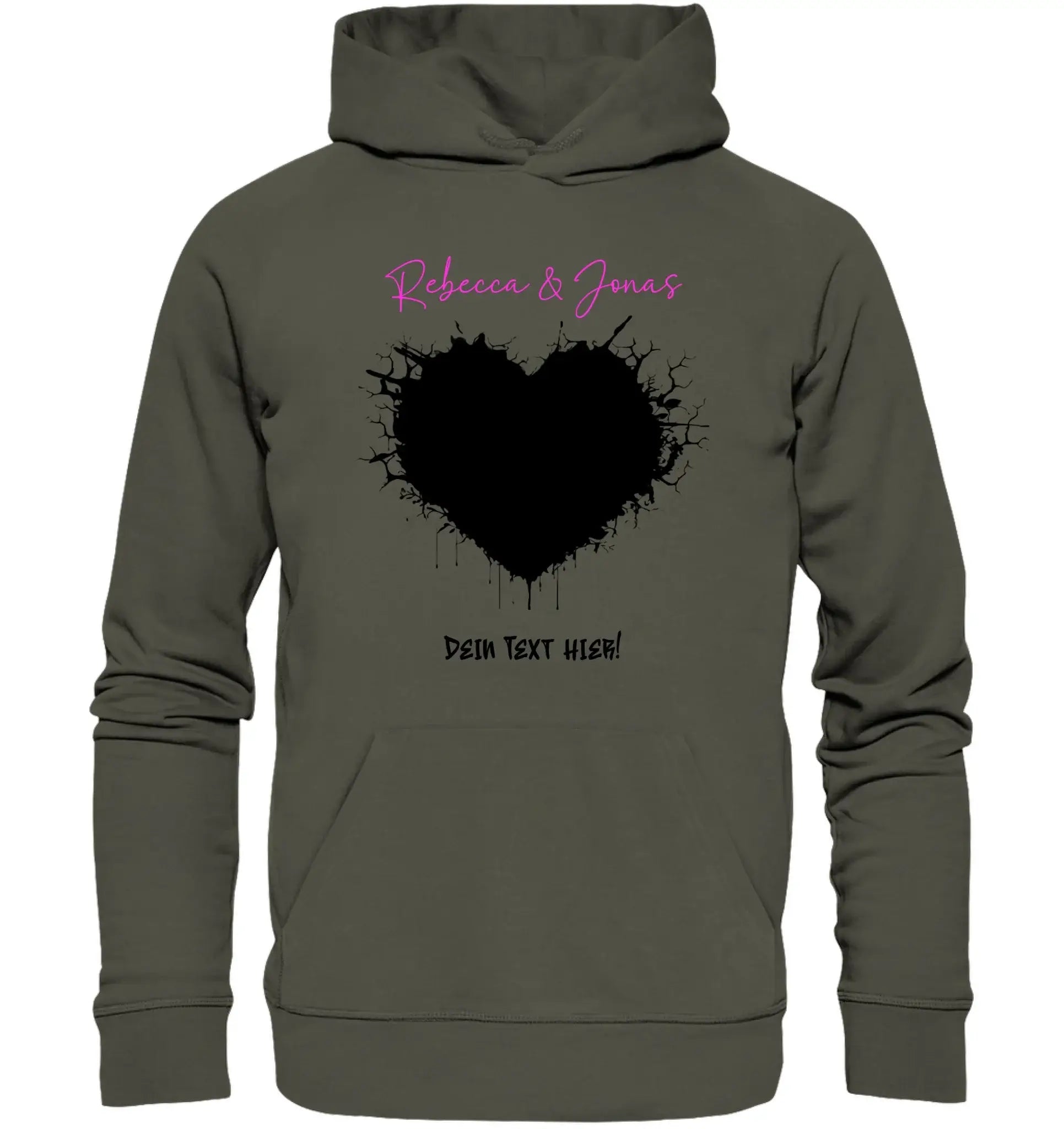 Olive grünhoodie mit schwarzem sprenkelherz und pinkem kursivtext aus der statement collection wildes herz