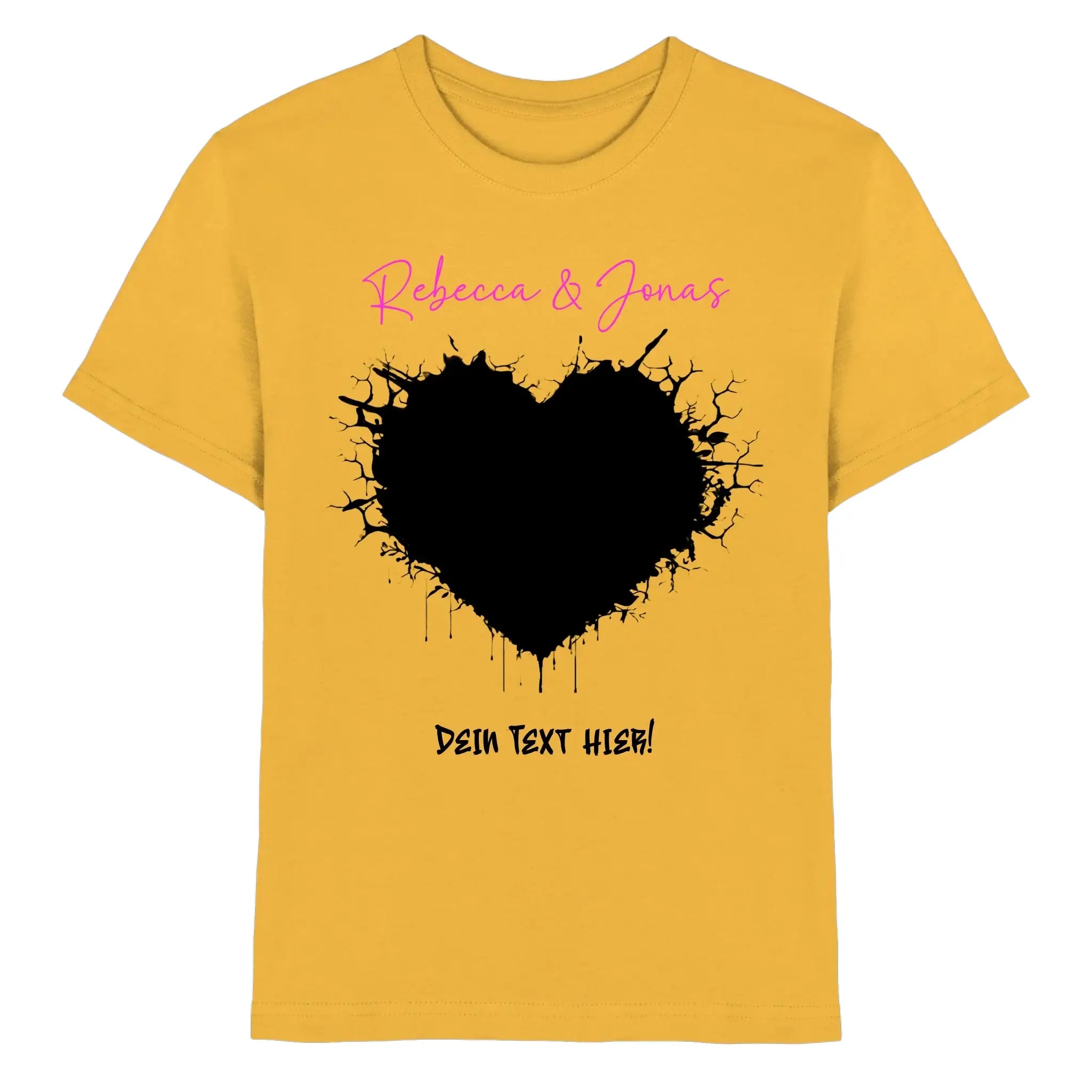 Mustardgelbes kurzarmshirt mit schwarzem splatter herz und pinkem wunschtext aus der wildes herz statement collection