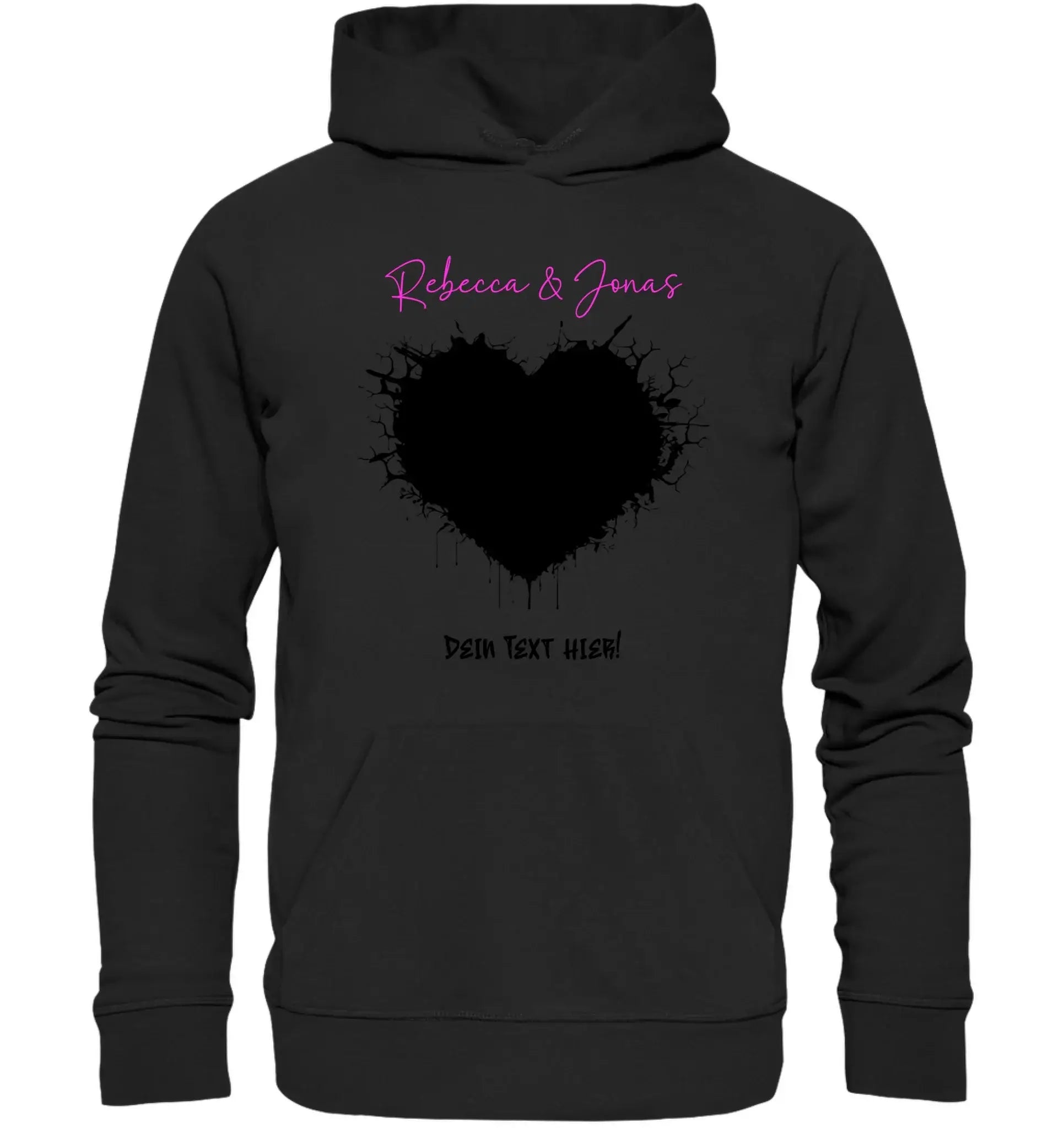 Schwarzer hoodie aus wildes herz statement collection mit großem schwarzem herz und pinkem schriftzug