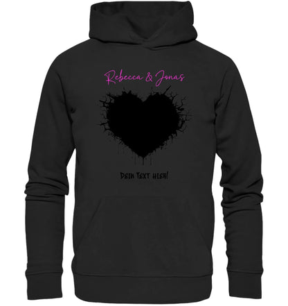 Schwarzer hoodie aus wildes herz statement collection mit großem schwarzem herz und pinkem schriftzug