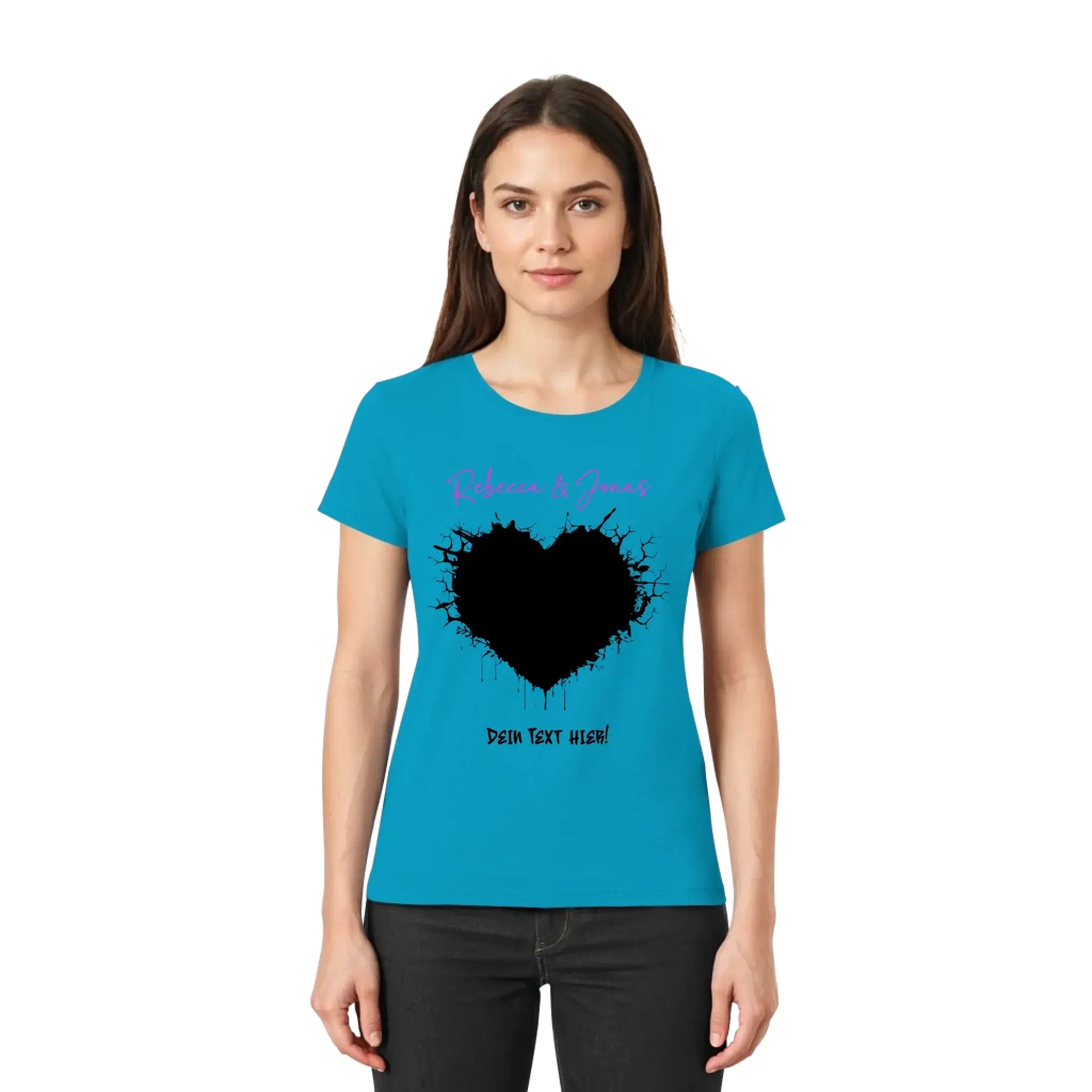 Petrolfarben damen t shirt mit schwarzem gesprenkeltem herz und lila schwarzem text aus der statement collection wildes herz