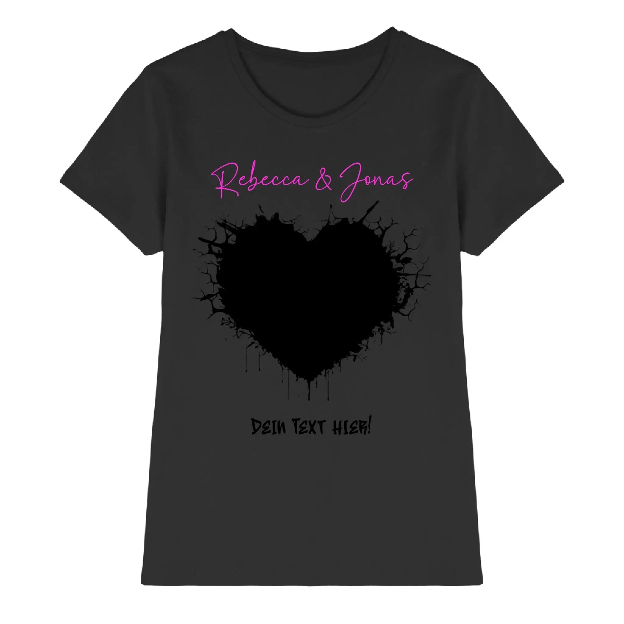 Schwarzes kurzarmshirt mit wildes herz statement und schwarzem splatter herz sowie pinkem rebecca und jonas schriftzug