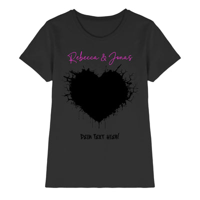 Schwarzes kurzarmshirt mit wildes herz statement und schwarzem splatter herz sowie pinkem rebecca und jonas schriftzug
