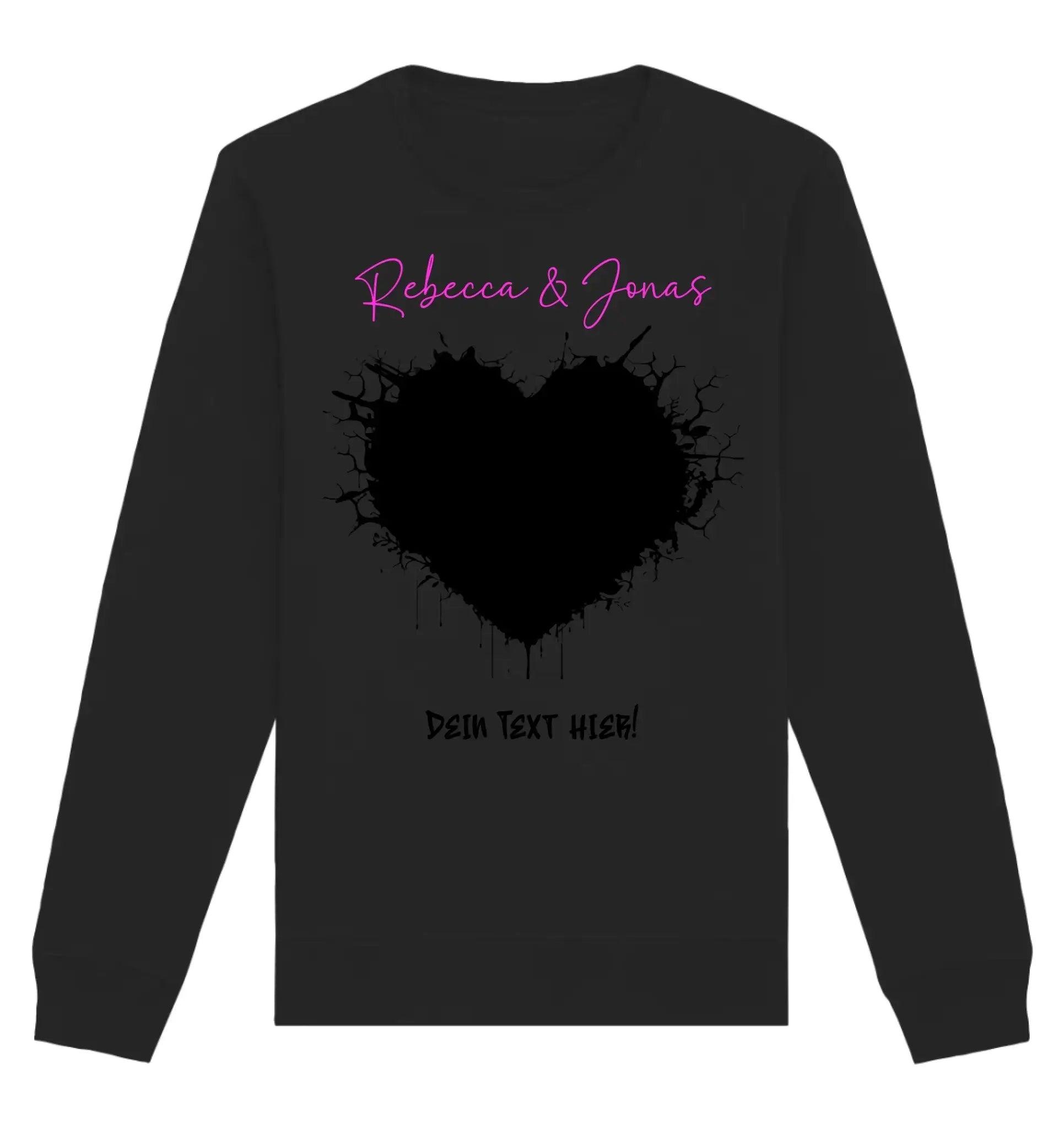 Schwarzes langärmeliges shirt aus der statement-collection mit pinkem rebecca und jonas schriftzug über herzgrafik