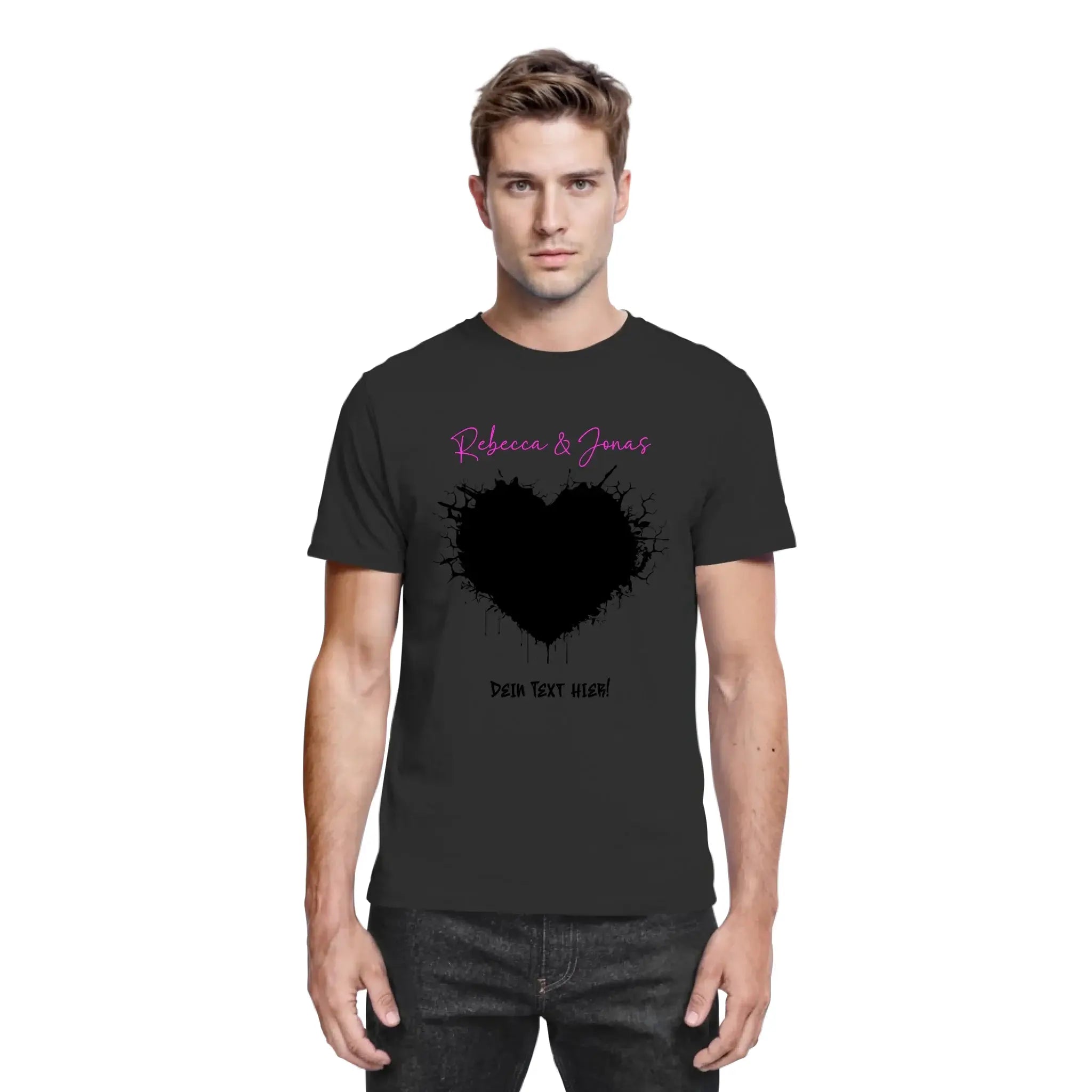 Schwarzes baumwoll-t-shirt mit mutigem schwarzem herz und pinkem kursivtext aus der statement-collection wildes herz