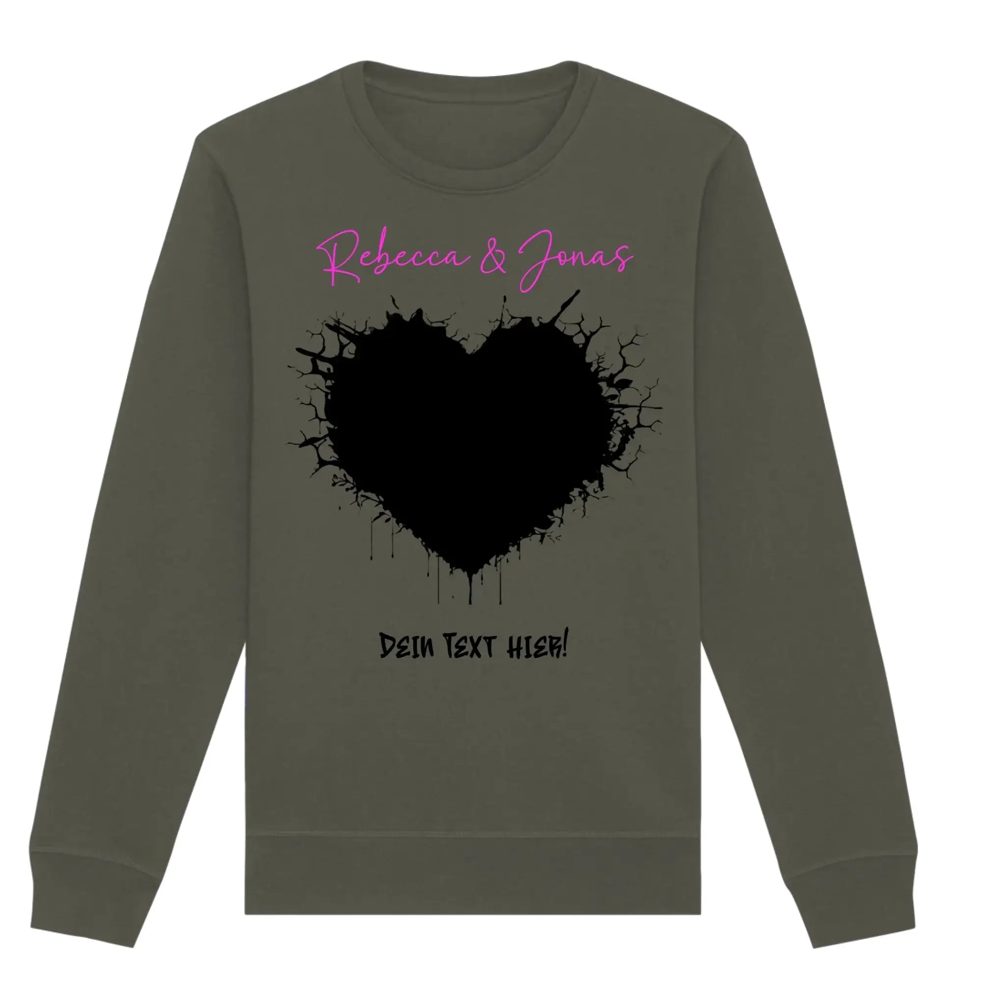 Olivegrünes langarm sweatshirt mit schwarzem herz splatter und pinkem handschrift text aus der wildes herz statement kollektion