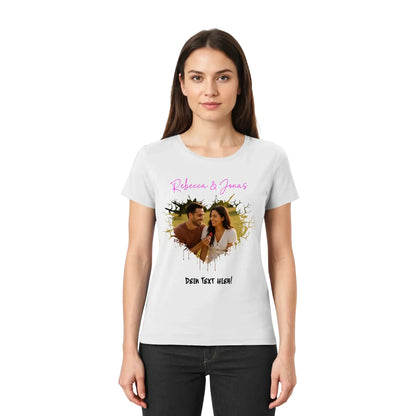 Weißer baumwoll t-shirt aus der wildes herz statement-collection mit herzförmigem foto und pinkem text