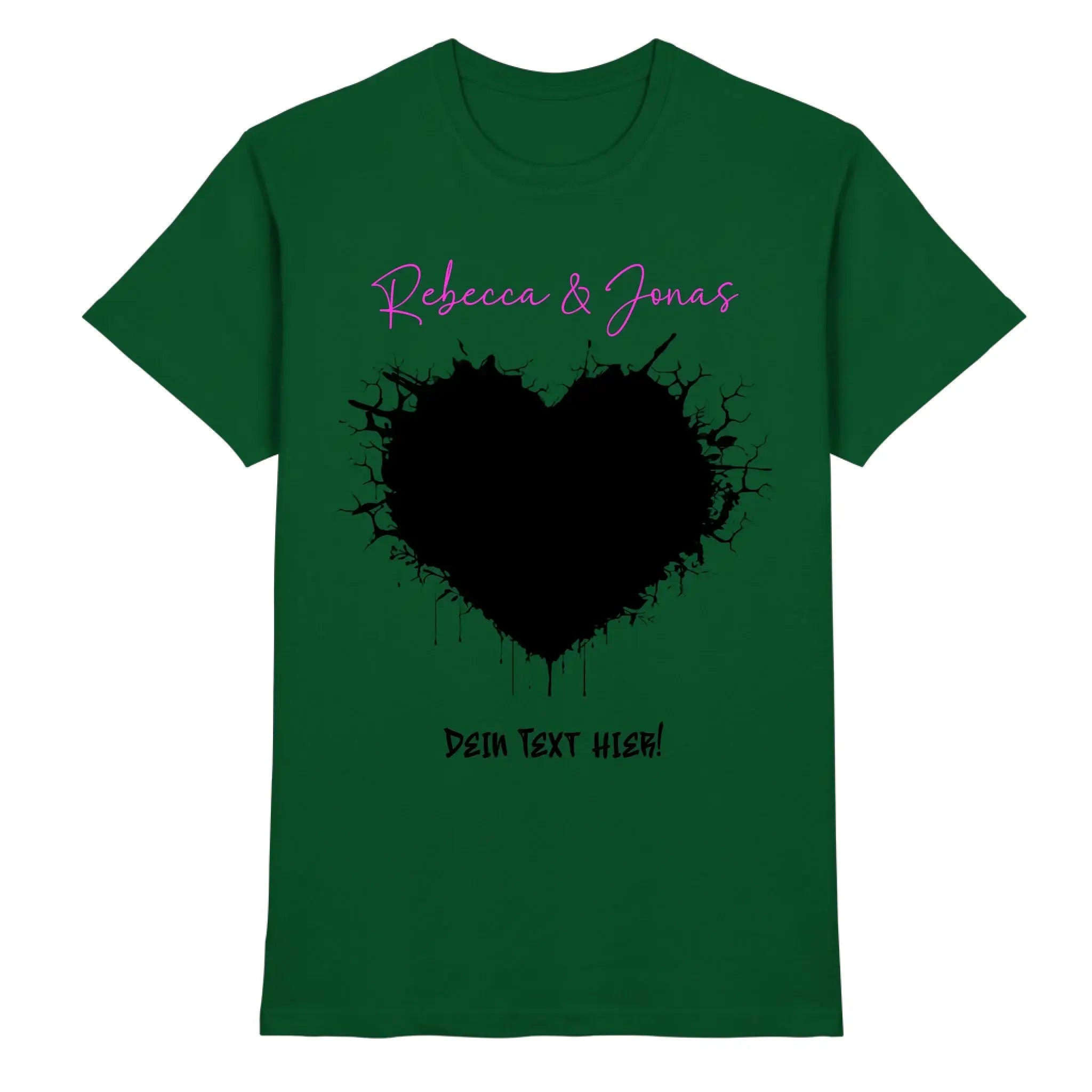 Dunkelgrünes baumwoll t shirt mit schwarzem splatter herz und pinkem handschrift text aus der wildes herz statement collection