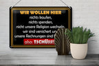 Schwarzes blechschild 20x30cm mit goldrand und gelbem text wir wollen hier nichts kaufen nichts spenden nicht unsere religion wechseln