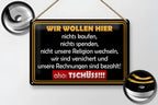Schwarzes blechschild 20x30 cm mit goldrand und gelber schrift plus rotem banner auch tscüss