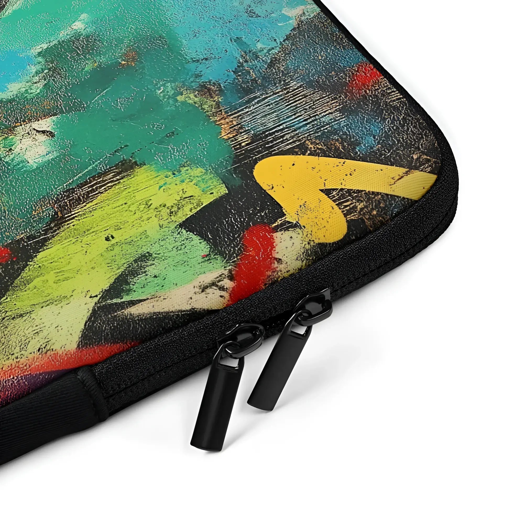Wunderschöne laptop-tasche mit kunstdruck im graffiti-style urban vibes mit bunten teilstreifen auf schwarzem grund