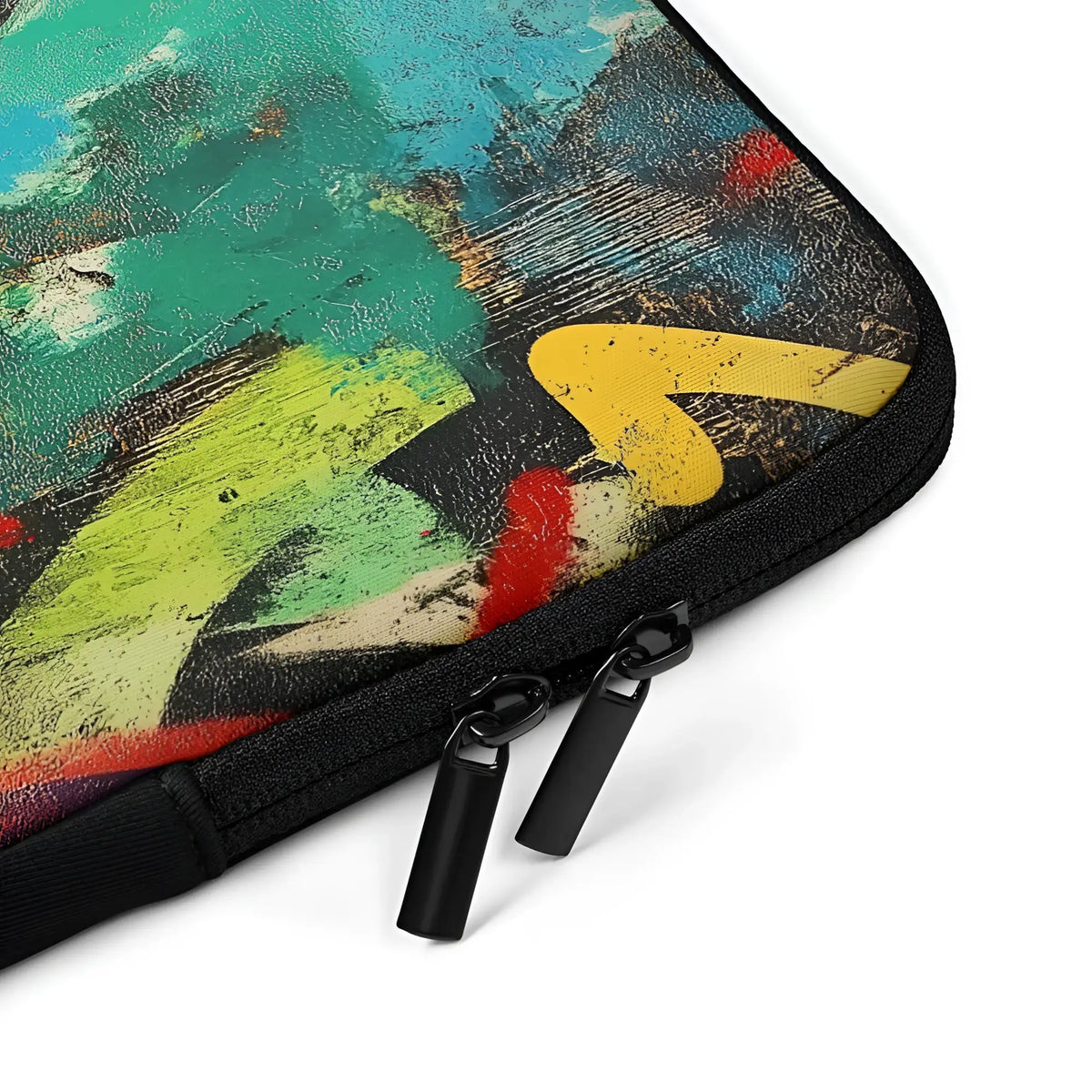 Wunderschöne laptop-tasche mit kunstdruck im graffiti-style urban vibes mit bunten teilstreifen auf schwarzem grund