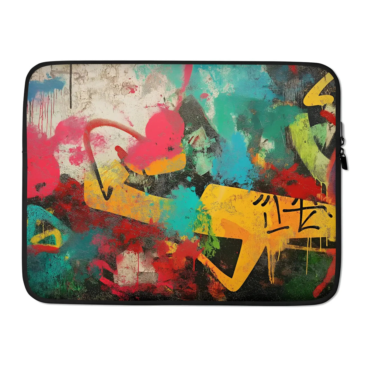 Bunte laptop-tasche mit graffiti-kunstdruck urban vibes in pink, gelb, teel und rot auf canvas-textur