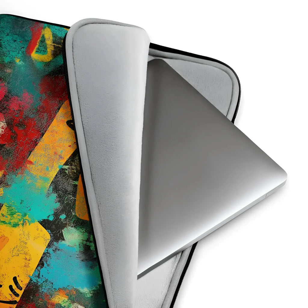 Silberne laptop-tasche mit vibrantem graffiti-kunstdruck urban vibes in Petrolfarben rot und gelb außen