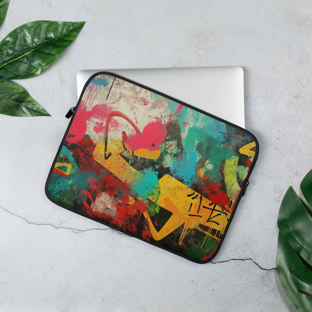 Vibrante laptop-tasche im graffiti-style urban vibes mit kräftigen pink, türkis, gelb und rot auf canvas-textur