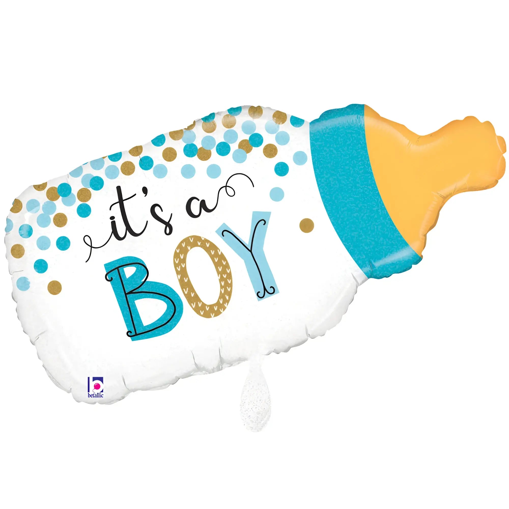 Xxl luftballon babyflasche junge aus weißem, blauem und goldenem folie mit Text it’s boy für babyshower