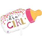 Xxl luftballon in form einer babyflasche in rosa und gold mit punkten und it s girl Text für mädchen babyshower