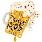 Xxl luftballon in form eines goldenen bierkrugs mit weißem schaum, bunter konfetti und text cheers its your birthday