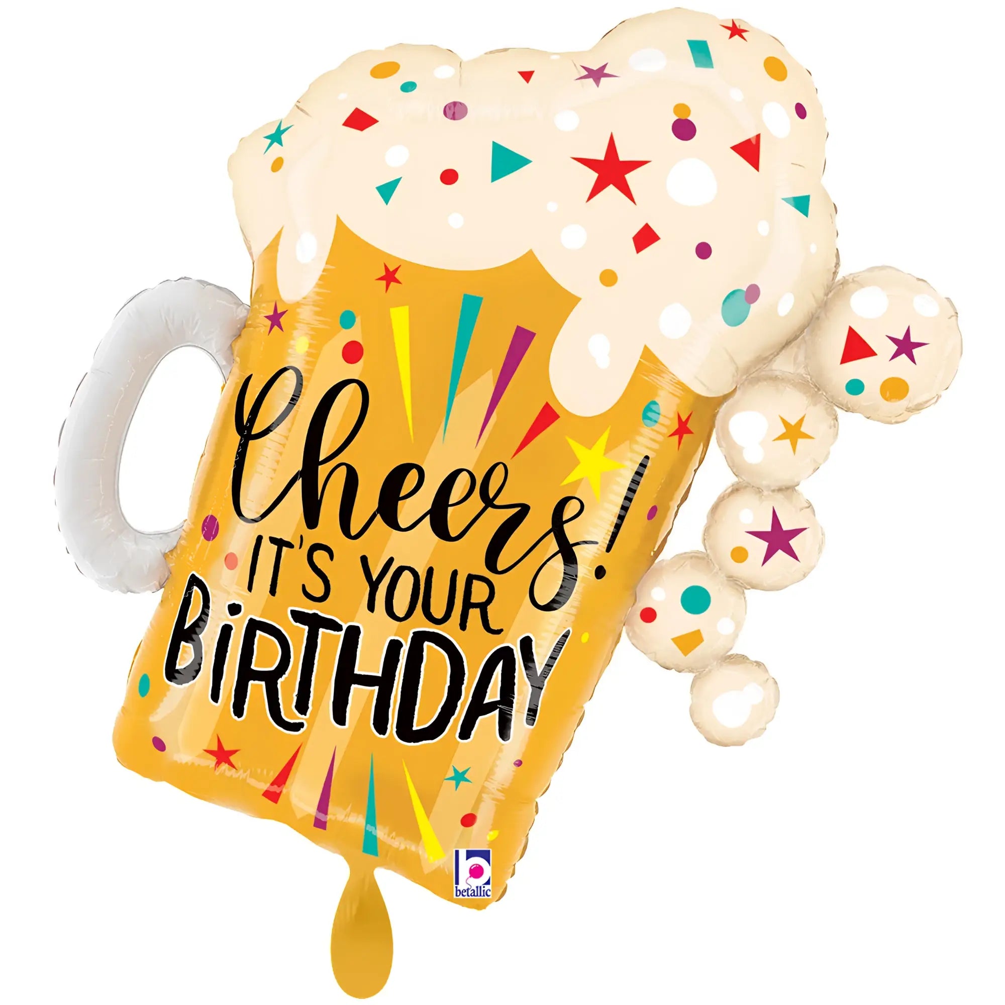 Xxl luftballon in form eines goldenen bierkrugs mit weißem schaum, bunter konfetti und text cheers its your birthday