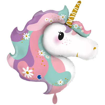 Xxl luftballon einhorn in pastellfarben mit gold gestreiftem horn und gänseblümchen für party oder geburtstag
