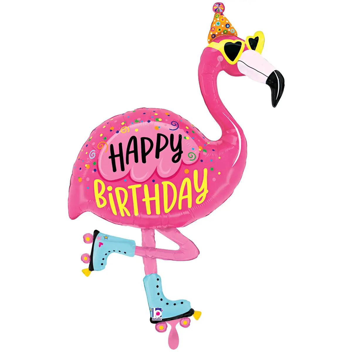 Xxl luftballon flamingo in pink mit happy birthday text partyhut rollerrollen und gelber herzsonnenbrille