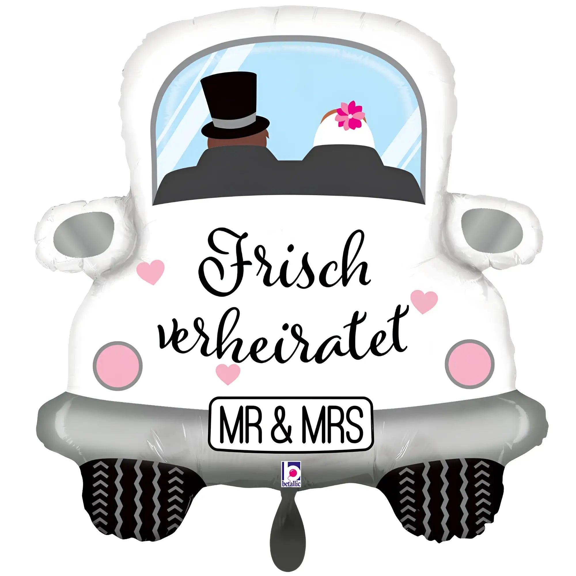 Weißer riesen luftballon in form eines hochzeitsautos mit schwarzen und rosa akzenten und einem paar in formeller kleidung drin