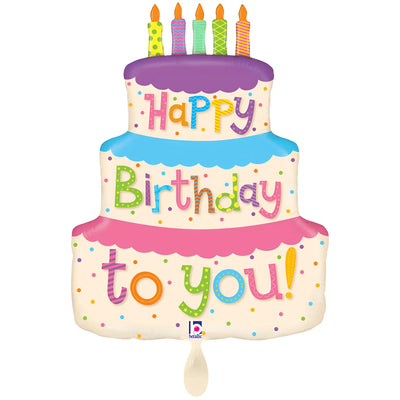 Xxl luftballon girly birthday cake in bunt mit lila blau pinken schichten und happy birthday to you schrift