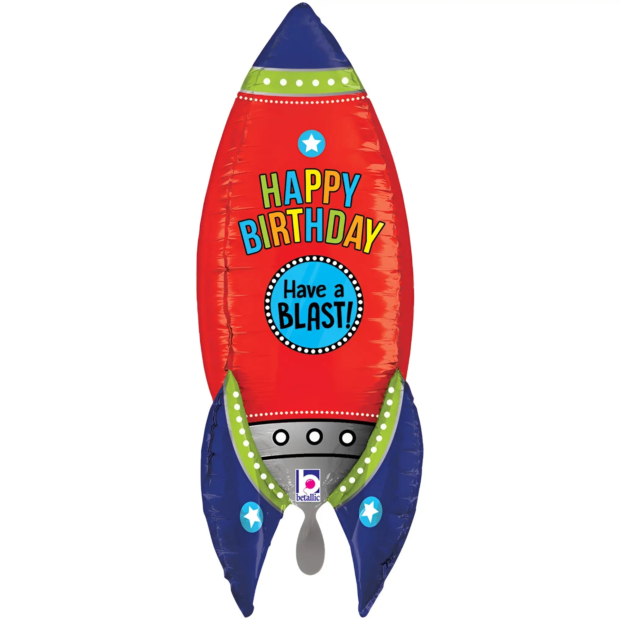 Xxl luftballon rakete in rot und blau mit happy birthday und have blast Text für geburtstagsfeier aus luft oder helium