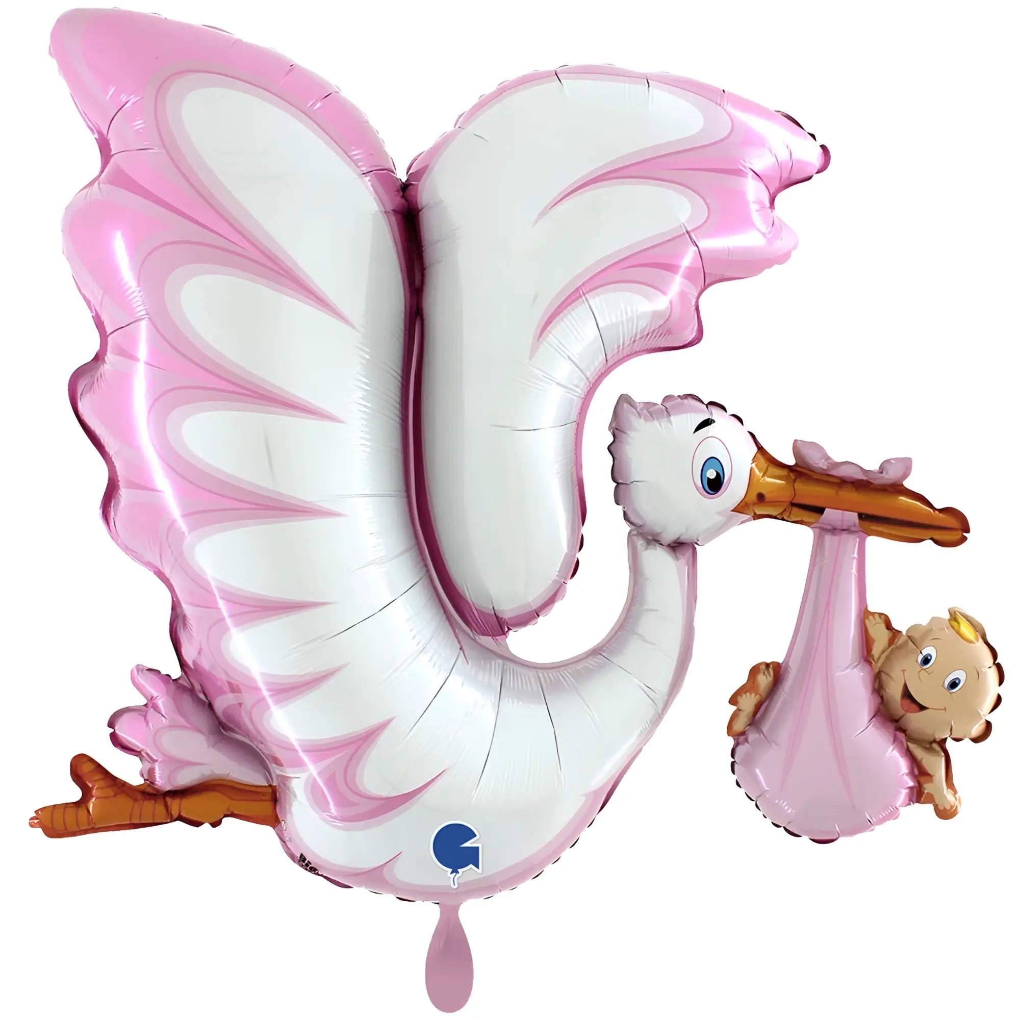 Xxl luftballon storch mädchen aus pink und weiß mit baby in schnabel für babyshower luft helium