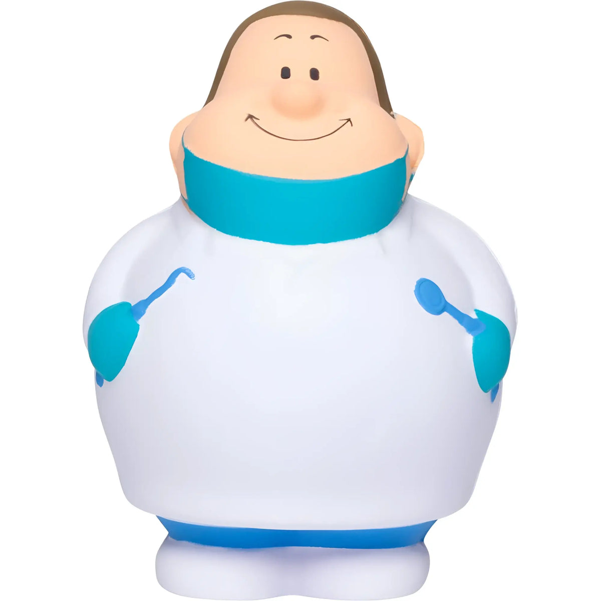 Zahnarzt bert® antistress-figur aus weichem silikon mit weißem kittel und blauen akzenten als stresskiller