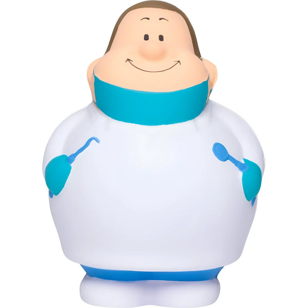 Zahnarzt bert® antistress-figur aus weichem silikon mit weißem kittel und blauen akzenten als stresskiller