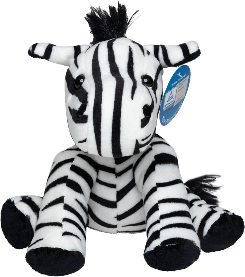 Plüschtier zebra zora mit schwarz-weißen streifen und weichem stoffkörper mit schwarzen filzohren und mähne