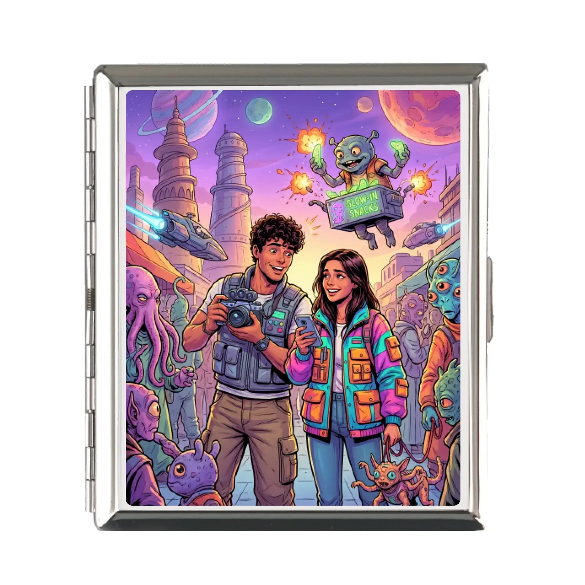 Silberrahmen zigarettenetui mit buntem cartoon alien vacation motiv für 16-20 zigaretten personalisierbar