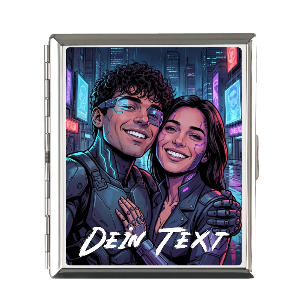Silberner rechteckiger zigarettenetui mit neon cyberpunk illustration zweier lächelnder charaktere vor einer leuchtenden stadt